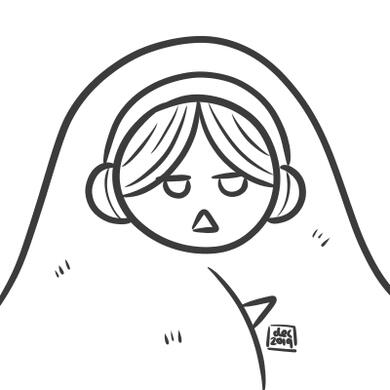 dark grey line drawing of a girl wrapped up in a blanket